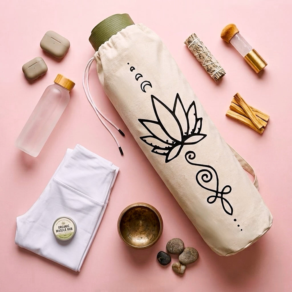 Yoga mat tote bag flat lay with wellness accessories